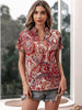 BKMGC Boho Bohemia Pattern Foral Printted Dark Red White V Neck Short Sleeve Pullover Blouse Shirt Tops for Women Summer Outfit