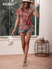 BKMGC Boho Bohemia Pattern Foral Printted Dark Red White V Neck Short Sleeve Pullover Blouse Shirt Tops for Women Summer Outfit