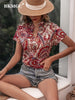 BKMGC Boho Bohemia Pattern Foral Printted Dark Red White V Neck Short Sleeve Pullover Blouse Shirt Tops for Women Summer Outfit