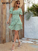 BKMGC Boho Mini Dress Bohemian For Women 2023 Summer Thin Ruffle Tiered Mint Green Small Flowers Floral Printed Clothing 6530