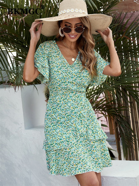 BKMGC Boho Mini Dress Bohemian For Women 2023 Summer Thin Ruffle Tiered Mint Green Small Flowers Floral Printed Clothing 6530