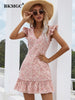 BKMGC Boho Printed Dress Women Dresses Summer 2023 Design Women's Sleeveless V-neck Ruffled Red Mini Dress Elegant 6161