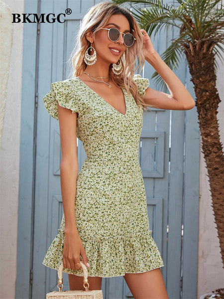 BKMGC Boho Printed Dress Women Dresses Summer 2023 Design Women's Sleeveless V-neck Ruffled Red Mini Dress Elegant 6161