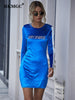 BKMGC Bright Royal Blue Long Sleeve High Waist O-neck A-line Letter Print Pullover Sexy Autumn Bodycon Mini Dress for Women 5082