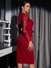 BKMGC Classic Red Black Sexy Rose Pattern Lace Chiffon Long Sleeve O-Neck 2023 Autumn High Waist Belt Midi Dresses For Women