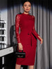 BKMGC Classic Red Black Sexy Rose Pattern Lace Chiffon Long Sleeve O-Neck 2023 Autumn High Waist Belt Midi Dresses For Women