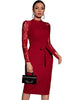 BKMGC Classic Red Black Sexy Rose Pattern Lace Chiffon Long Sleeve O-Neck 2023 Autumn High Waist Belt Midi Dresses For Women
