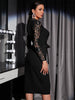 BKMGC Classic Red Black Sexy Rose Pattern Lace Chiffon Long Sleeve O-Neck 2023 Autumn High Waist Belt Midi Dresses For Women
