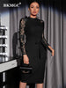 BKMGC Classic Red Black Sexy Rose Pattern Lace Chiffon Long Sleeve O-Neck 2023 Autumn High Waist Belt Midi Dresses For Women