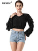 BKMGC Classic Solid Black Women Blouse Slim Fitting Hollow Out Ruffle Long Sleeves V Neck Autumn Pullover Shirt Office Lady #760