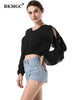 BKMGC Classic Solid Black Women Blouse Slim Fitting Hollow Out Ruffle Long Sleeves V Neck Autumn Pullover Shirt Office Lady #760
