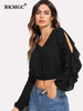 BKMGC Classic Solid Black Women Blouse Slim Fitting Hollow Out Ruffle Long Sleeves V Neck Autumn Pullover Shirt Office Lady #760