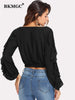 BKMGC Classic Solid Black Women Blouse Slim Fitting Hollow Out Ruffle Long Sleeves V Neck Autumn Pullover Shirt Office Lady #760