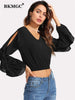 BKMGC Classic Solid Black Women Blouse Slim Fitting Hollow Out Ruffle Long Sleeves V Neck Autumn Pullover Shirt Office Lady #760