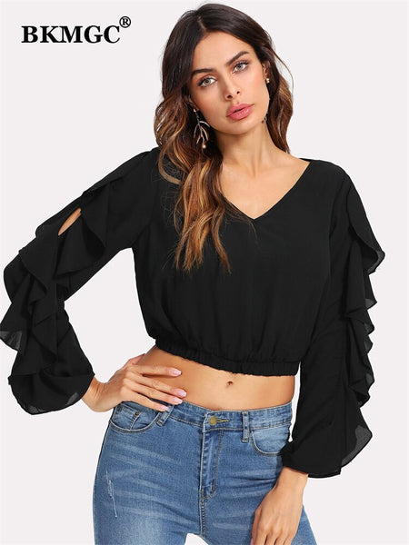 BKMGC Classic Solid Black Women Blouse Slim Fitting Hollow Out Ruffle Long Sleeves V Neck Autumn Pullover Shirt Office Lady #760
