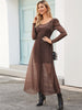BKMGC Coffee Brown Sexy Chiffon Gauze Long Sleeve Scoop Neck Elegant 2023 Autumn High Waist Accordion Maxi Dress For Women