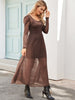 BKMGC Coffee Brown Sexy Chiffon Gauze Long Sleeve Scoop Neck Elegant 2023 Autumn High Waist Accordion Maxi Dress For Women