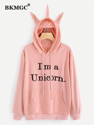 BKMGC  Cute Solid Pink Letters Printed Unicorn 3D Horn Hoodie 2023 Autumn Winnter Women Pullover Hooded Sweatshirt Jacket Top