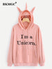 BKMGC  Cute Solid Pink Letters Printed Unicorn 3D Horn Hoodie 2023 Autumn Winnter Women Pullover Hooded Sweatshirt Jacket Top