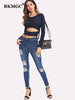 BKMGC Dark Blue Long Sleeve Round Neck Medium Stretch Sexy Hollow Out Waist Slim Fit Pullover Short Knitwear T Shirts for Women