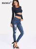 BKMGC Dark Blue Long Sleeve Round Neck Medium Stretch Sexy Hollow Out Waist Slim Fit Pullover Short Knitwear T Shirts for Women