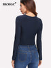 BKMGC Dark Blue Long Sleeve Round Neck Medium Stretch Sexy Hollow Out Waist Slim Fit Pullover Short Knitwear T Shirts for Women