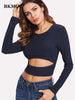 BKMGC Dark Blue Long Sleeve Round Neck Medium Stretch Sexy Hollow Out Waist Slim Fit Pullover Short Knitwear T Shirts for Women