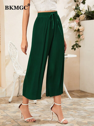 BKMGC Dark Green Loose Wide Leg Calf-Length Folds Elastic Lace Tie High Waist Pants For Women Autumn Office Lady Causal 5062