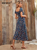 BKMGC Elegant Dark Blue Floral Printed Square Collar Side Split Dress For Women Summer Autumn Boho Bohemian Hippie Vintage 6500