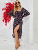 BKMGC Elegant Dark Blue Floral Printed Square Collar Side Split Dress For Women Summer Autumn Boho Bohemian Hippie Vintage 6500