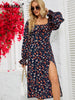 BKMGC Elegant Dark Blue Floral Printed Square Collar Side Split Dress For Women Summer Autumn Boho Bohemian Hippie Vintage 6500