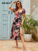 BKMGC Elegant Dark Blue Floral Printed Square Collar Side Split Dress For Women Summer Autumn Boho Bohemian Hippie Vintage 6500
