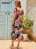 BKMGC Elegant Dark Blue Floral Printed Square Collar Side Split Dress For Women Summer Autumn Boho Bohemian Hippie Vintage 6500