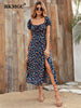 BKMGC Elegant Dark Blue Floral Printed Square Collar Side Split Dress For Women Summer Autumn Boho Bohemian Hippie Vintage 6500
