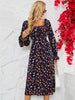 BKMGC Elegant Dark Blue Floral Printed Square Collar Side Split Dress For Women Summer Autumn Boho Bohemian Hippie Vintage 6500