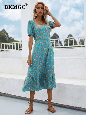BKMGC Floral Print Green Casual Ruffle Short Sleeve Boho 2023 Women Summer Dress Bohemian Vintage Daily Wear 6200