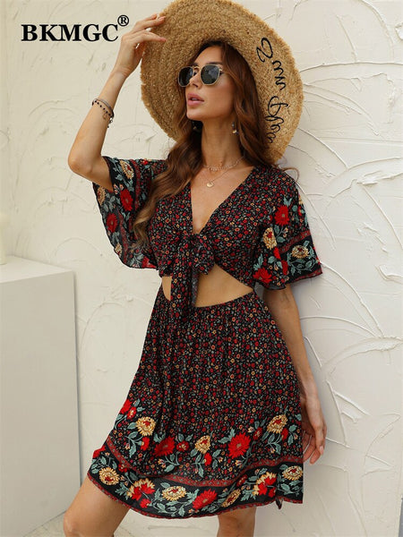 BKMGC Floral Printed Dress For Women Summer Front Bandage Casual Bow Fake Two Piece Skirt Set Red Dress Elegant 6566