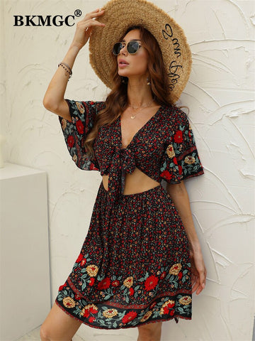 BKMGC Floral Printed Dress For Women Summer Front Bandage Casual Bow Fake Two Piece Skirt Set Red Dress Elegant 6566