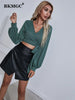 BKMGC Green Crop Top Korean Style T shirt Women 2023 Knotted V-Neck Long Sleeve Nightclub Sexy Tops Women Clubwear 6877