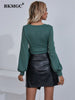 BKMGC Green Crop Top Korean Style T shirt Women 2023 Knotted V-Neck Long Sleeve Nightclub Sexy Tops Women Clubwear 6877
