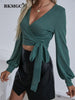 BKMGC Green Crop Top Korean Style T shirt Women 2023 Knotted V-Neck Long Sleeve Nightclub Sexy Tops Women Clubwear 6877