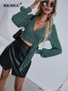 BKMGC Green Crop Top Korean Style T shirt Women 2023 Knotted V-Neck Long Sleeve Nightclub Sexy Tops Women Clubwear 6877