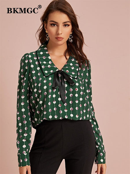 BKMGC Green Women Shirts Long Sleeve Spring Autumn Casual Versatile Printed Wave Dot Loose Tops Women blouses 5937