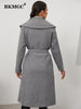 BKMGC Grey Khaki Tweed Coat Long Women Jacket Woolen Big Turn Over Collar Lapel Belt Waist Slim Fit Medium Length Winter 2023