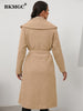 BKMGC Grey Khaki Tweed Coat Long Women Jacket Woolen Big Turn Over Collar Lapel Belt Waist Slim Fit Medium Length Winter 2023