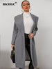 BKMGC Grey Khaki Tweed Coat Long Women Jacket Woolen Big Turn Over Collar Lapel Belt Waist Slim Fit Medium Length Winter 2023