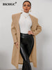 BKMGC Grey Khaki Tweed Coat Long Women Jacket Woolen Big Turn Over Collar Lapel Belt Waist Slim Fit Medium Length Winter 2023