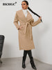 BKMGC Grey Khaki Tweed Coat Long Women Jacket Woolen Big Turn Over Collar Lapel Belt Waist Slim Fit Medium Length Winter 2023