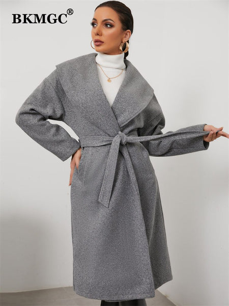 BKMGC Grey Khaki Tweed Coat Long Women Jacket Woolen Big Turn Over Collar Lapel Belt Waist Slim Fit Medium Length Winter 2023