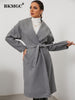 BKMGC Grey Khaki Tweed Coat Long Women Jacket Woolen Big Turn Over Collar Lapel Belt Waist Slim Fit Medium Length Winter 2023